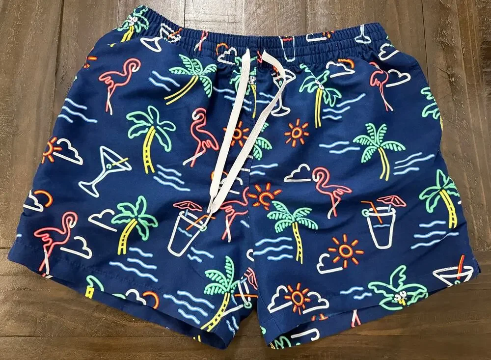 Chubbies Men’s M Neon Flamingo Palm Tree Tropical Swim Trunks Navy - M - EUC